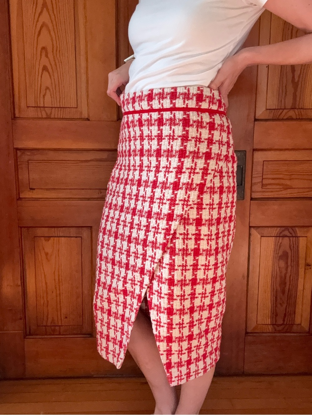 Pomander Place Red & White Tweed Midi Pencil Skirt